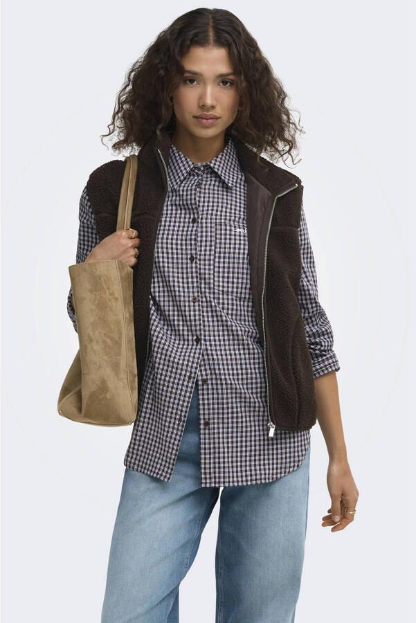 ONLY geruite blouse met borduursels bruin