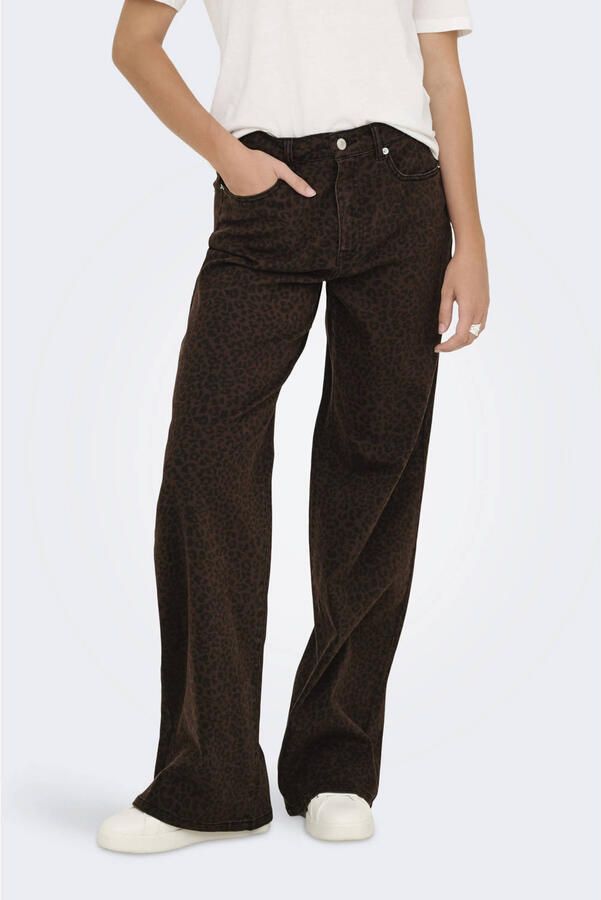ONLY high waist wide leg jeans panterprint donkerbruin zwart