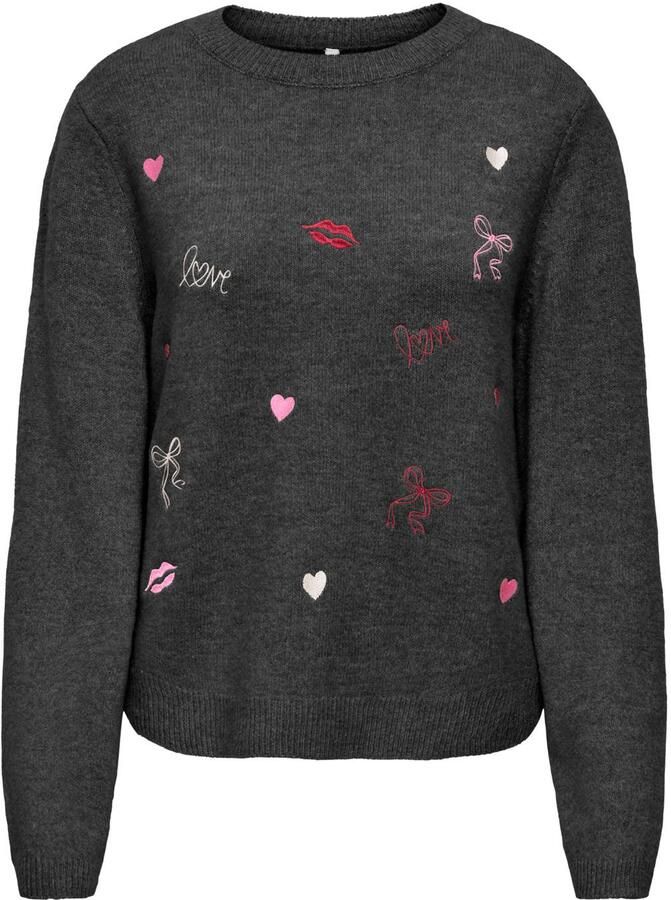 ONLY gebreide trui met borduursels en wol grijs roze rood