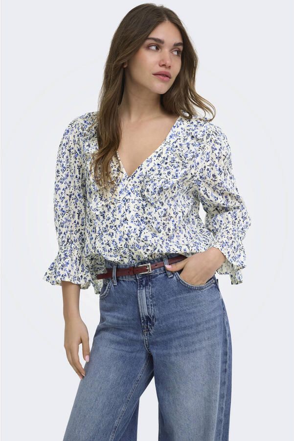 ONLY katoenen gebloemde top met ruches ecru