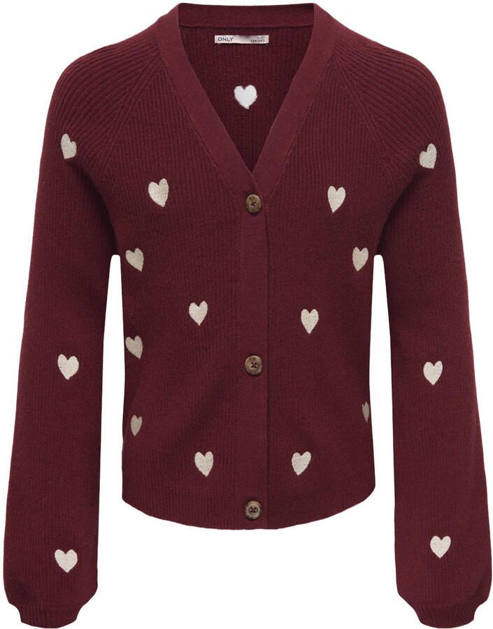 ONLY KIDS GIRL gebreide vest met hartjes en borduursels donkerrood