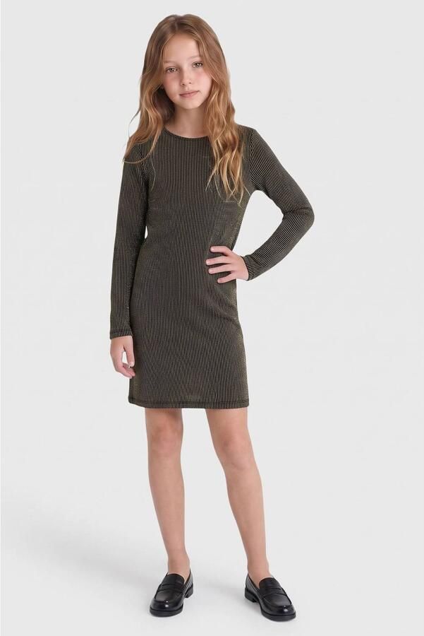 ONLY KIDS GIRL gestreepte midi jurk met glitters zwart goud Meisjes Polyamide Ronde hals