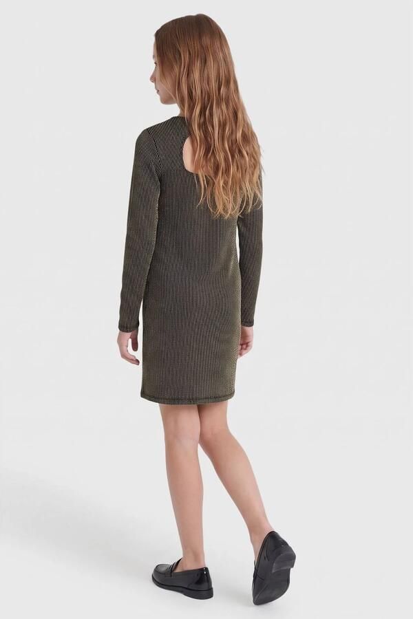 ONLY KIDS GIRL gestreepte midi jurk met glitters zwart goud Meisjes Polyamide Ronde hals - Foto 3