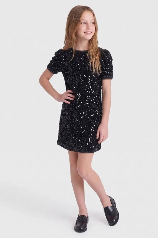 ONLY KIDS GIRL midi jurk met pailletten zwart Meisjes Polyester Ronde hals