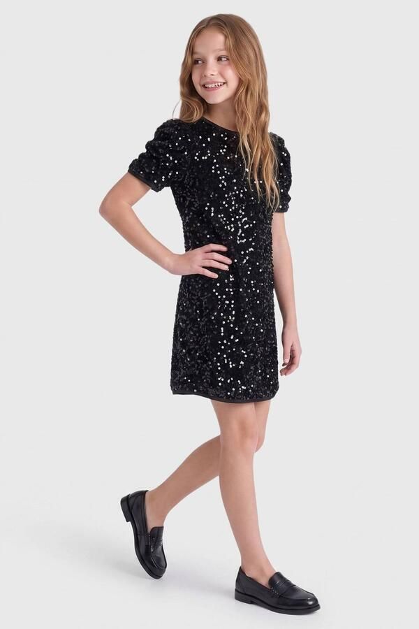 ONLY KIDS GIRL midi jurk met pailletten zwart Meisjes Polyester Ronde hals - Foto 3