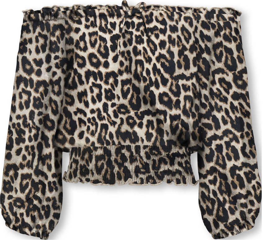 ONLY KIDS GIRL off shoulder top met panterprint zwart beige
