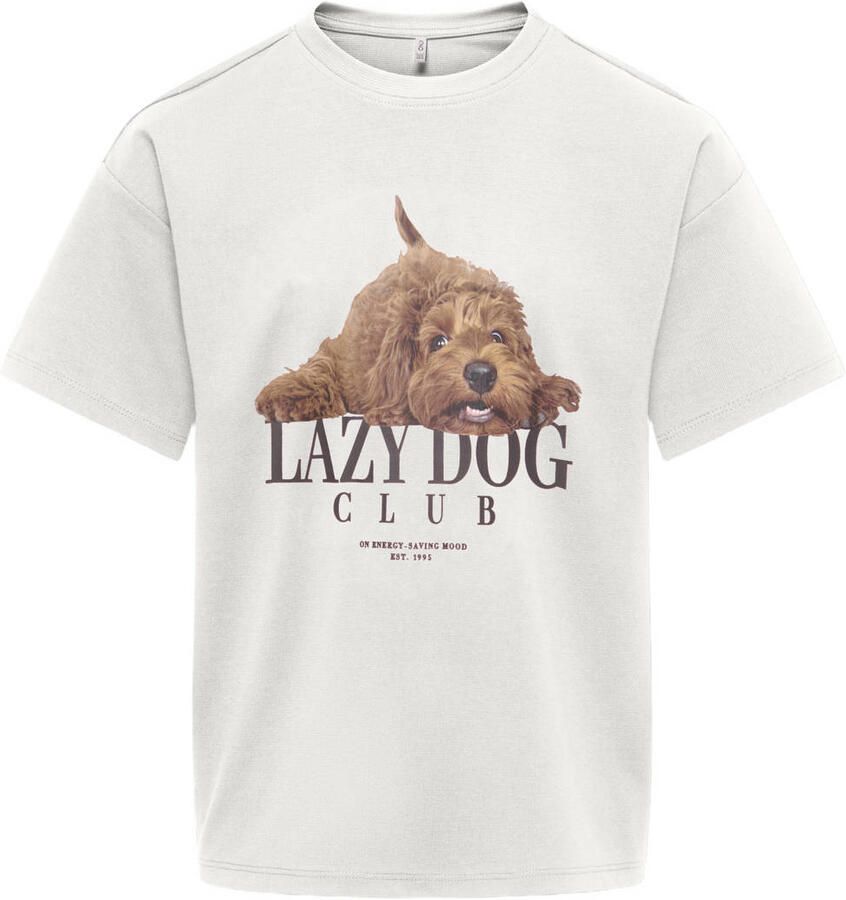 ONLY KIDS GIRL rechtvallend gebreide T-shirt met print wit