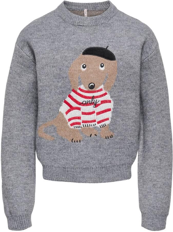 ONLY KIDS GIRL rechtvallende gebreide trui met print grijs Meisjes Acryl Ronde hals