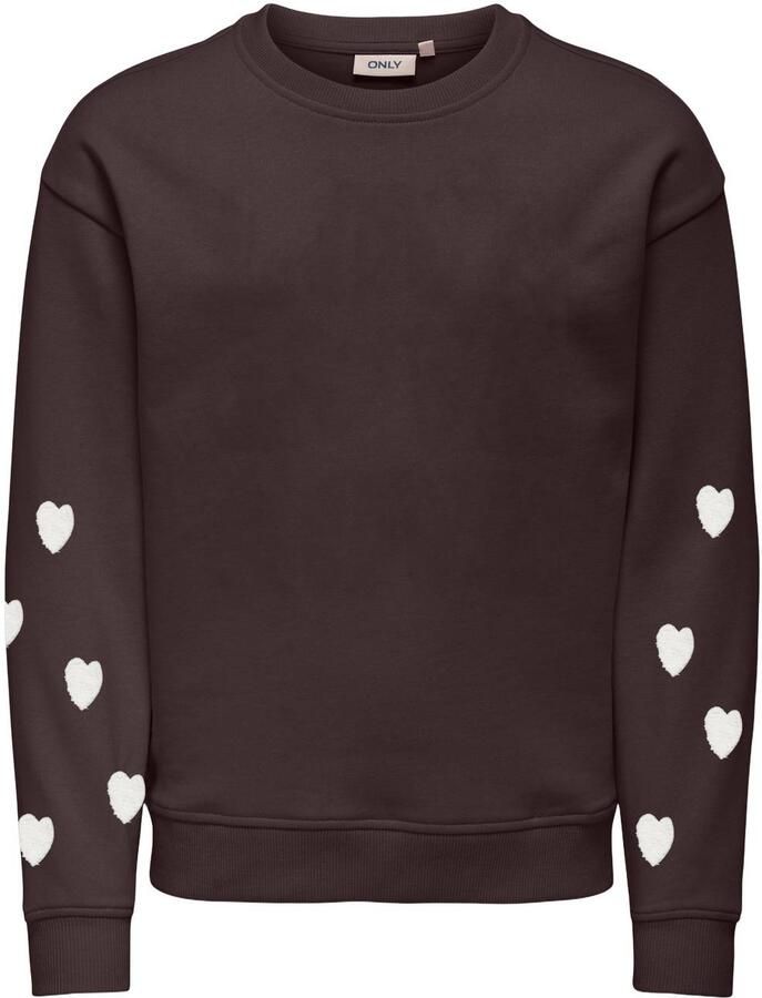 ONLY KIDS GIRL rechtvallende sweater met hartjes donkerbruin Hartjes