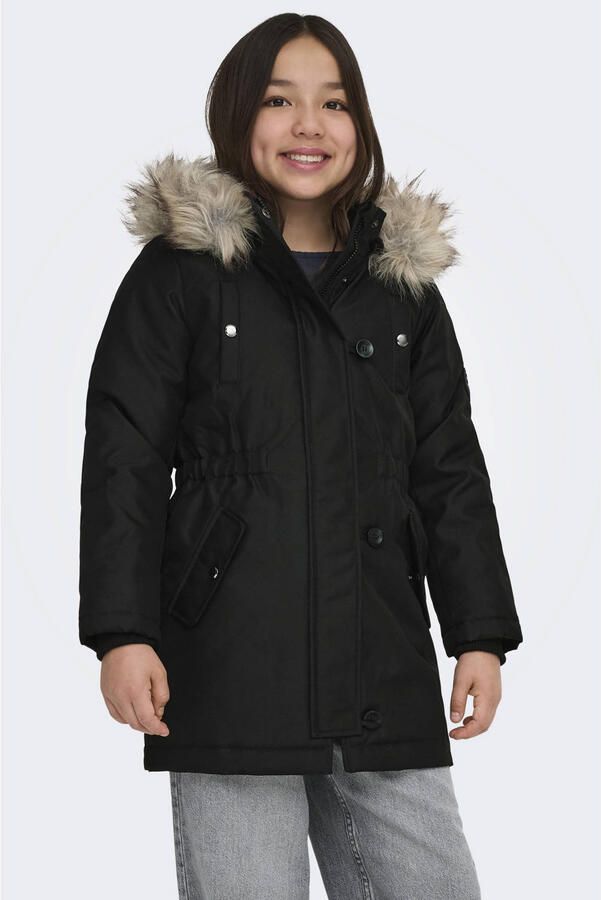 Only KIDS GIRL winterjas KOGIRIS zwart Meisjes Polyester Capuchon Effen 128