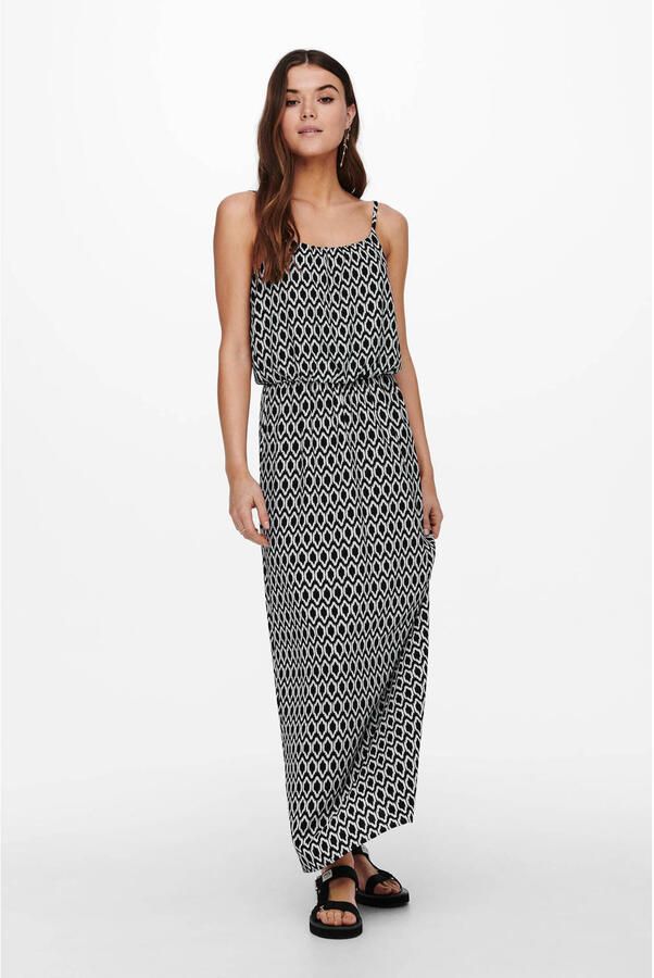 ONLY maxi jurk ONLWINNER met all over print en plooien zwart wit