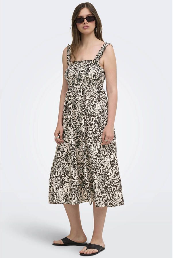 ONLY maxi zomerjurk met smockwerk en print beige