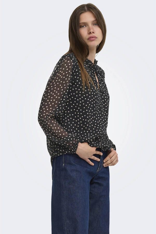 ONLY rechtvallende semi-transparante blouse met ruches en dierenprint zwart