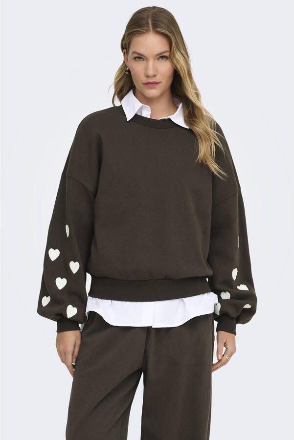 ONLY rechtvallende sweater met borduursels en hartjes bruin