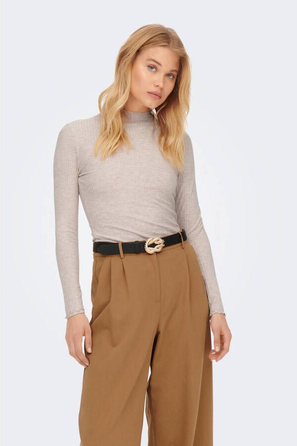 Only Beige Effen Gebreide Trui Lange Mouwen Ronde Hals Beige Dames
