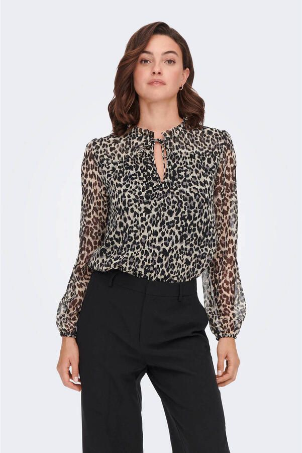 ONLY semi-transparante blouse ONLDITSY met dierenprint en ruches zwart - Foto 2