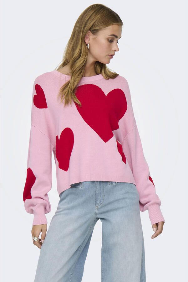 ONLY trui met hartjes roze gebreid