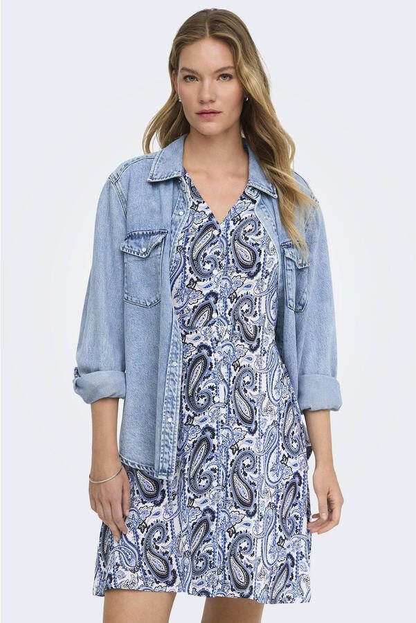 ONLY viscose korte jurk met ceintuur en print blauw