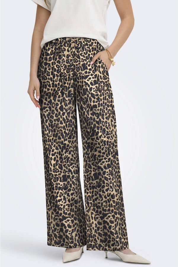 ONLY wide leg high waist casual broek met panterprint bruin