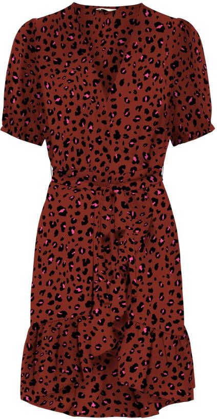 ONLY overslagjurk ONLZOEY met dierenprint en ruches roodbruin zwart roze