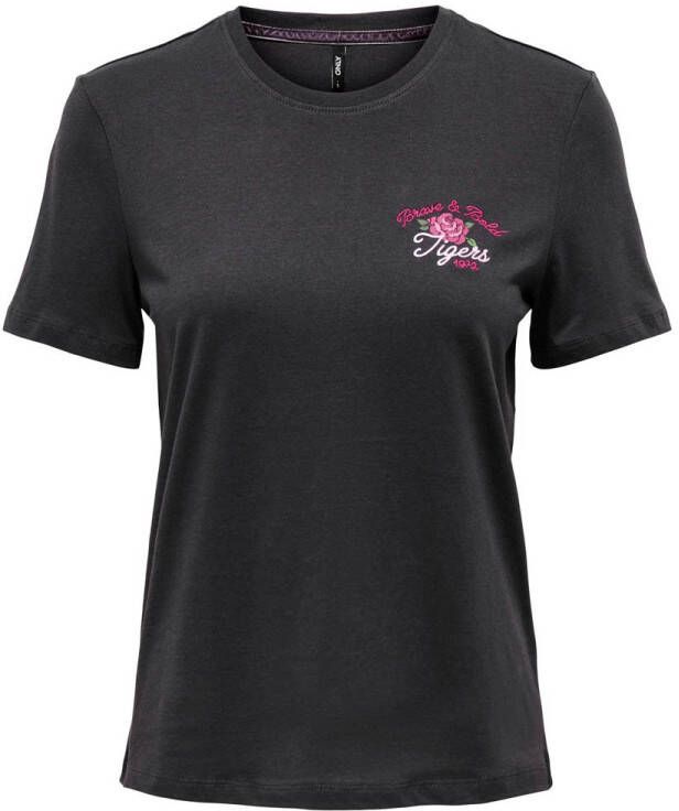 ONLY T-shirt ONLLENNI met backprint zwart roze