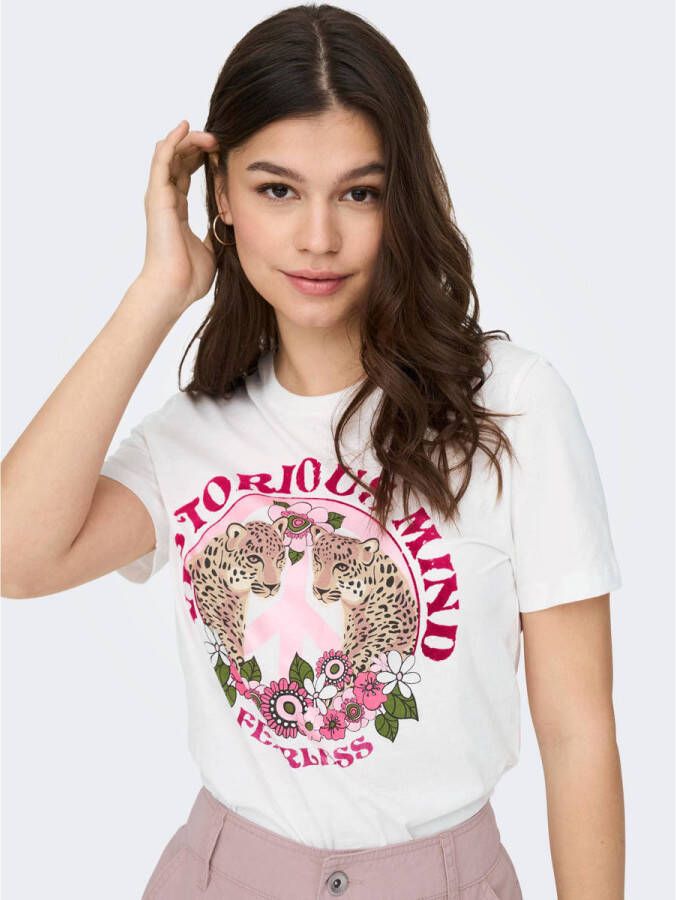 ONLY T-shirt ONLLENNI met printopdruk wit roze