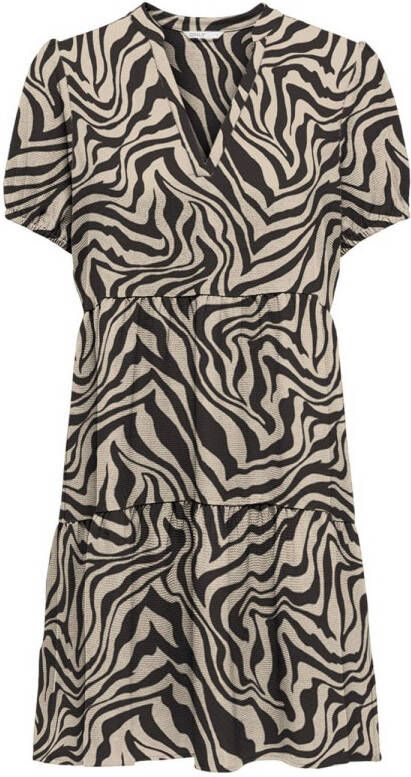 ONLY trapeze jurk ONLNOVA met zebraprint en volant ecru zwart