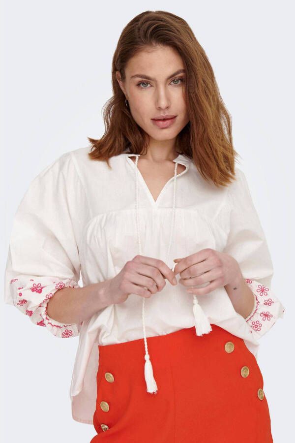 ONLY Wehkamp x Denise Anna's loose fit blousetop ONLMONICA met borduursels wit roze