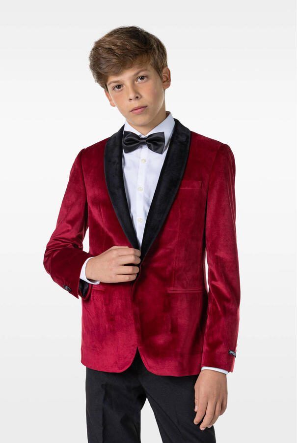 OppoSuits colbert Dinner Jacket rood zwart Jongens Velours Reverskraag 146 152