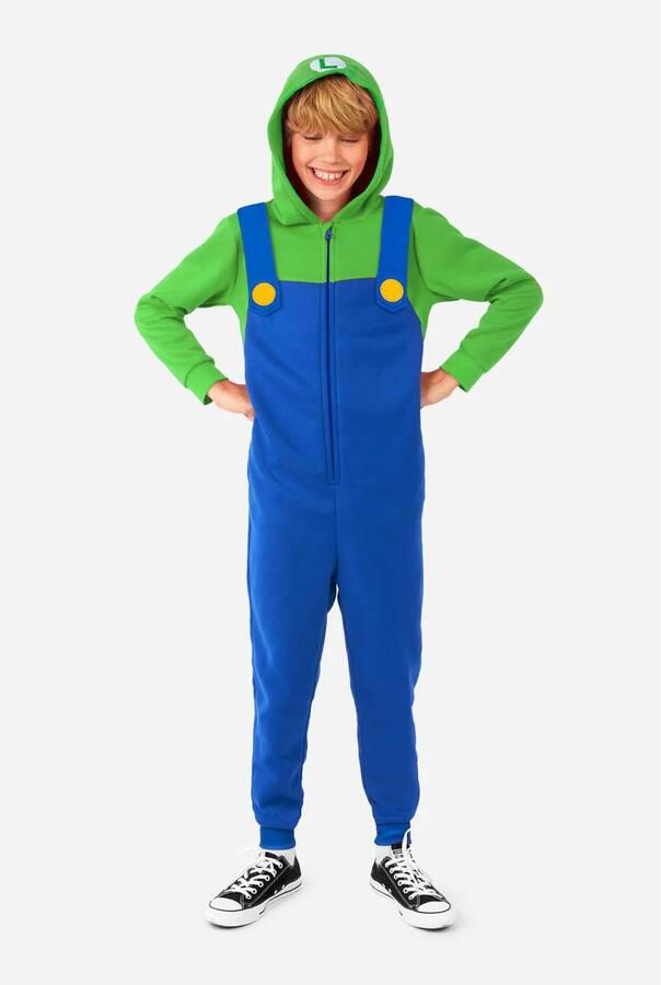 OppoSuits onesie Luigi blauw groen Jongens Polyester Capuchon All over print 146 152