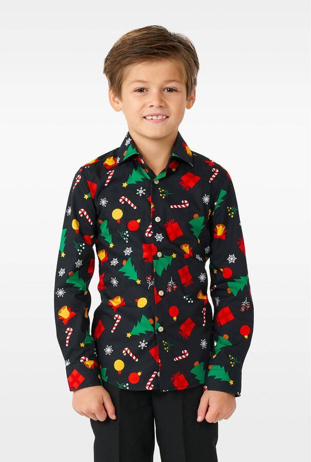 OppoSuits overhemd Christmas Icons met all over print zwart multicolor Jongens Stretchkatoen Klassieke kraag 170 176