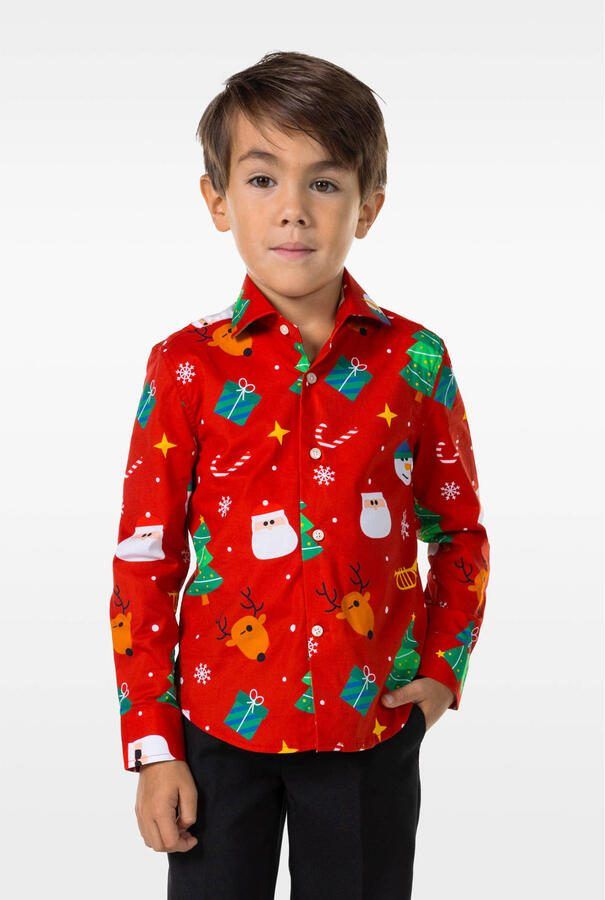 OppoSuits overhemd Festivity met all over print rood multicolor Jongens Stretchkatoen Klassieke kraag 110 116 - Foto 3