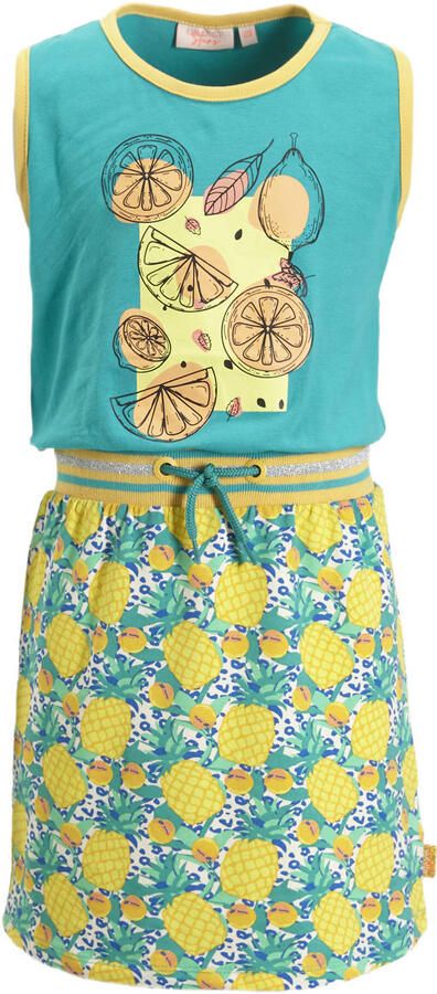 Orange Stars jurk Marietje met all over print turquoise geel Blauw Meisjes Stretchkatoen Ronde hals 116