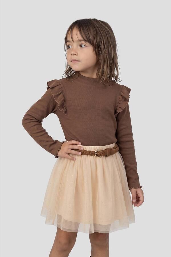 Orange Stars longsleeve met ruches donkerbruin Meisjes Stretchkatoen Opstaande kraag