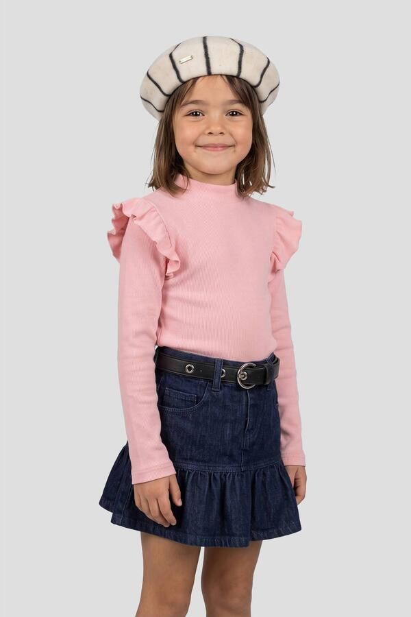 Orange Stars longsleeve met ruches felroze Meisjes Stretchkatoen Opstaande kraag