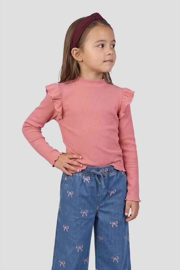 Orange Stars longsleeve met ruches lichtroze Meisjes Stretchkatoen Opstaande kraag