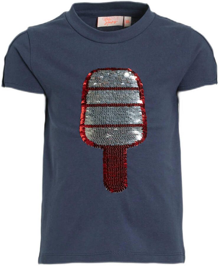 Orange Stars T-shirt Marjanne met printopdruk en pailletten donkerblauw Meisjes Stretchkatoen Ronde hals 104
