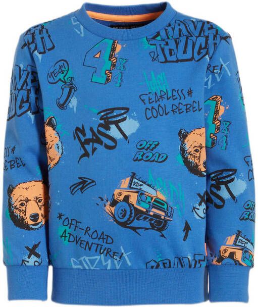 Orange Stars sweater Nander met all over print blauw Trui Jongens Katoen Ronde hals 104