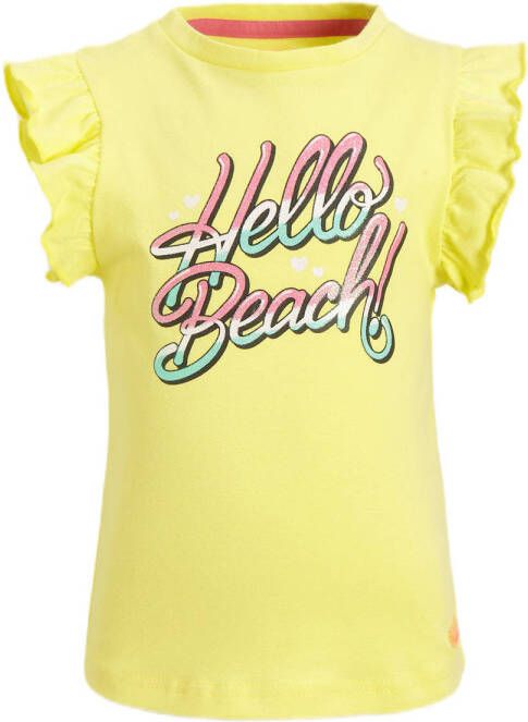 Orange Stars T-shirt Manuela met printopdruk en ruches geel Meisjes Stretchkatoen Ronde hals 152
