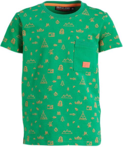 Orange Stars T-shirt Marcello met all over print groen Jongens Stretchkatoen Ronde hals 116