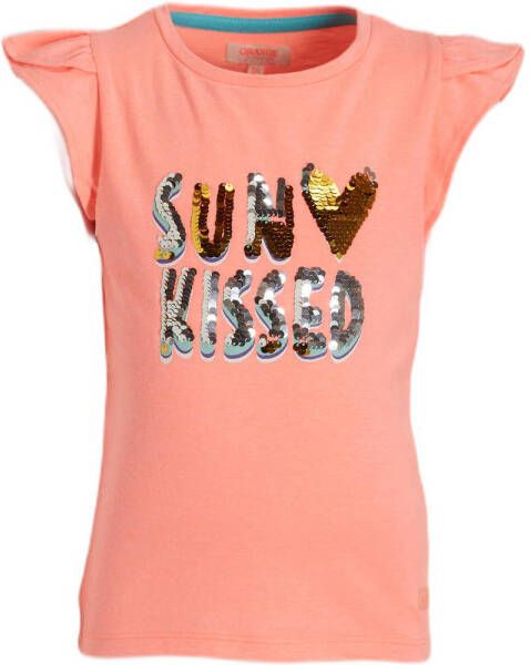 Orange Stars T-shirt Marelle met tekst en pailletten zalm Roze Meisjes Polyester Ronde hals 104