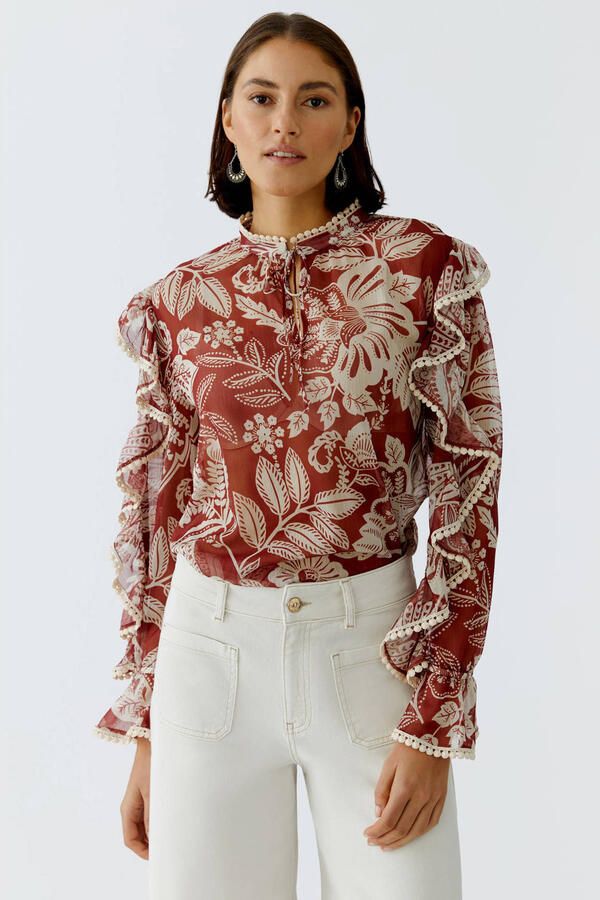 Oui Blouse met mouwen met ruches en druppelvormige hals
