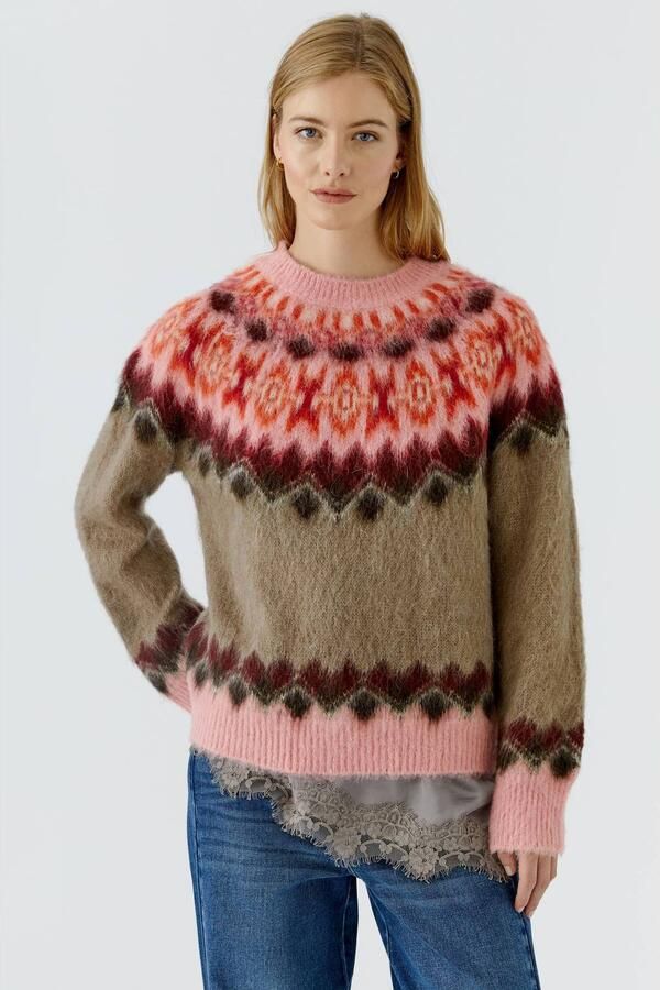 OUI gebreide trui met print roze bruin