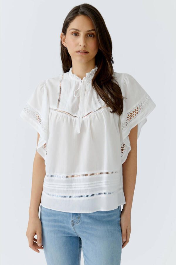 Oui regular fit blouse met vetersluiting en ajourwerk