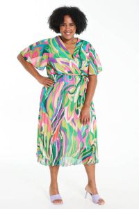 Paprika A-lijn jurk met all over print en ceintuur groen blauw roze