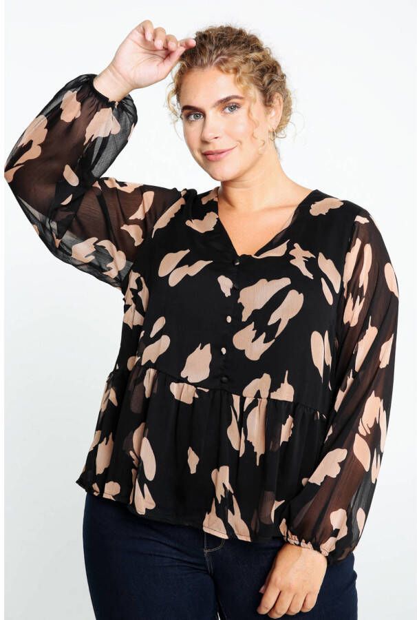 Paprika blousetop met all over print zwart camel