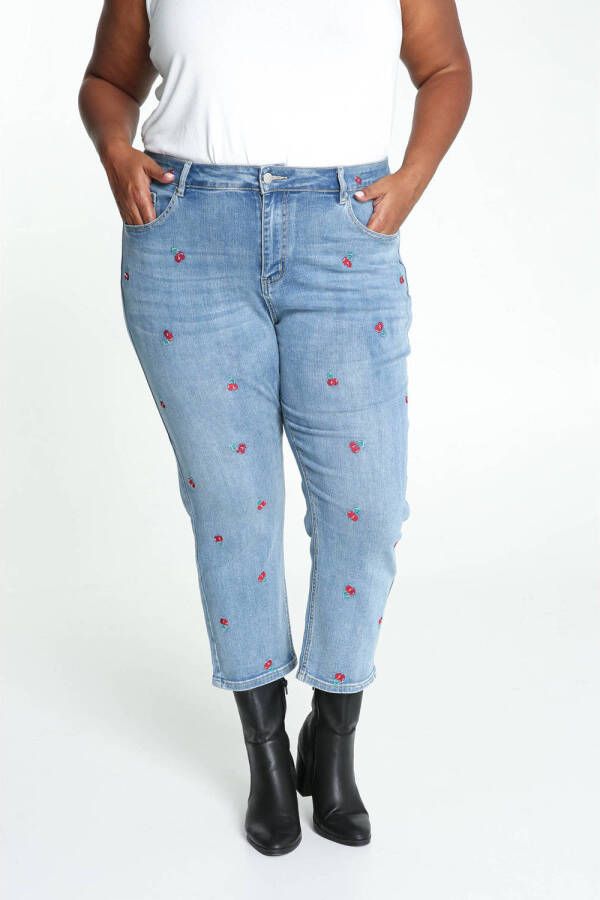 Paprika cropped high waist straight fit jeans met fruitprint medium blue denim