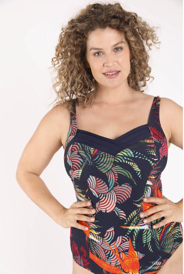 Paprika corrigerend badpak Plus Size met voorgevormde cups donkerblauw meerkleurig