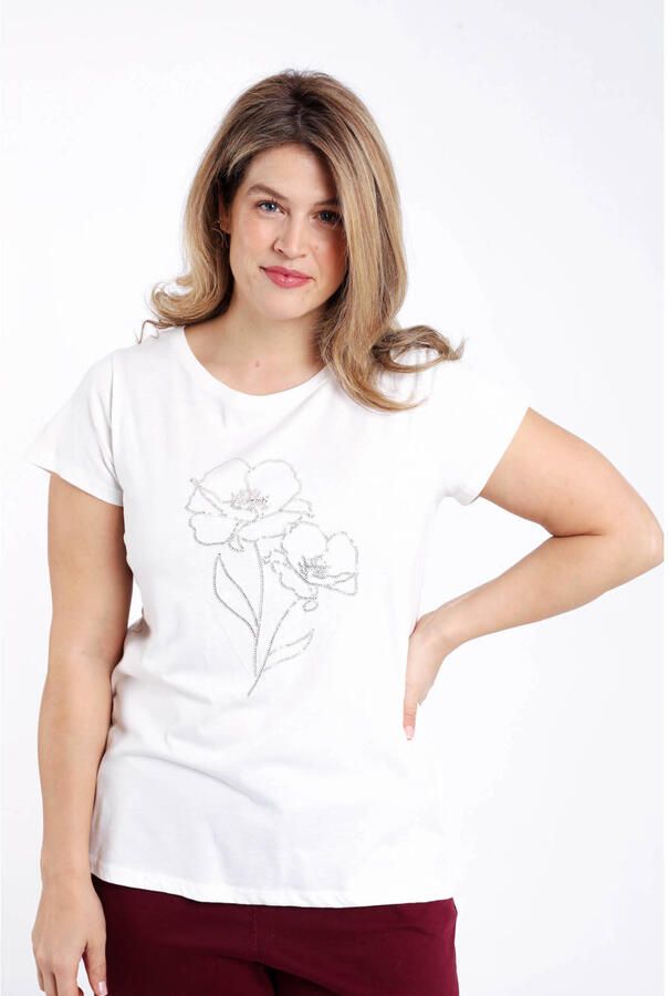 Paprika gebloemde T-shirt ecru met pailletten