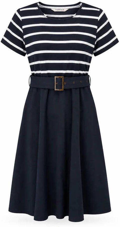Paprika gestreepte midi jurk met ceintuur Plus Size marineblauw